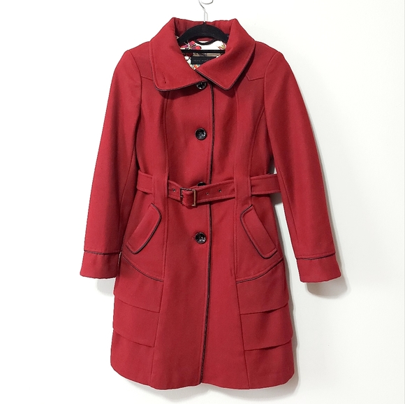 Steve Madden Jackets & Blazers - STEVE MADDEN Wool Blend Trench Coat Belted Cherry Red Women's Small